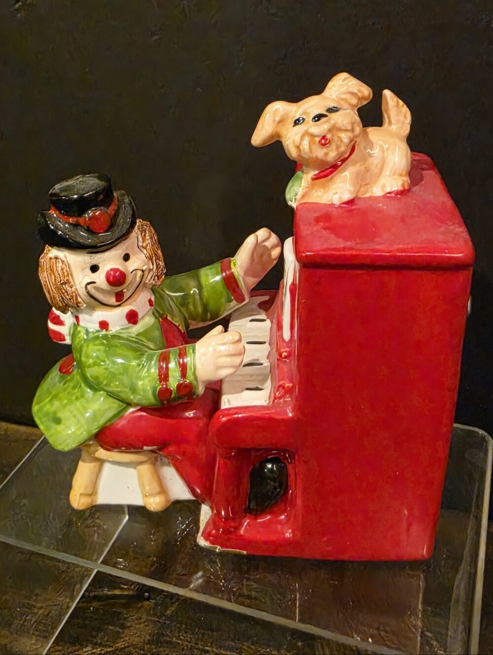 Vintage Enesco Ceramic Musical Clown Playing Piano with Dog Figurine - WORKS!